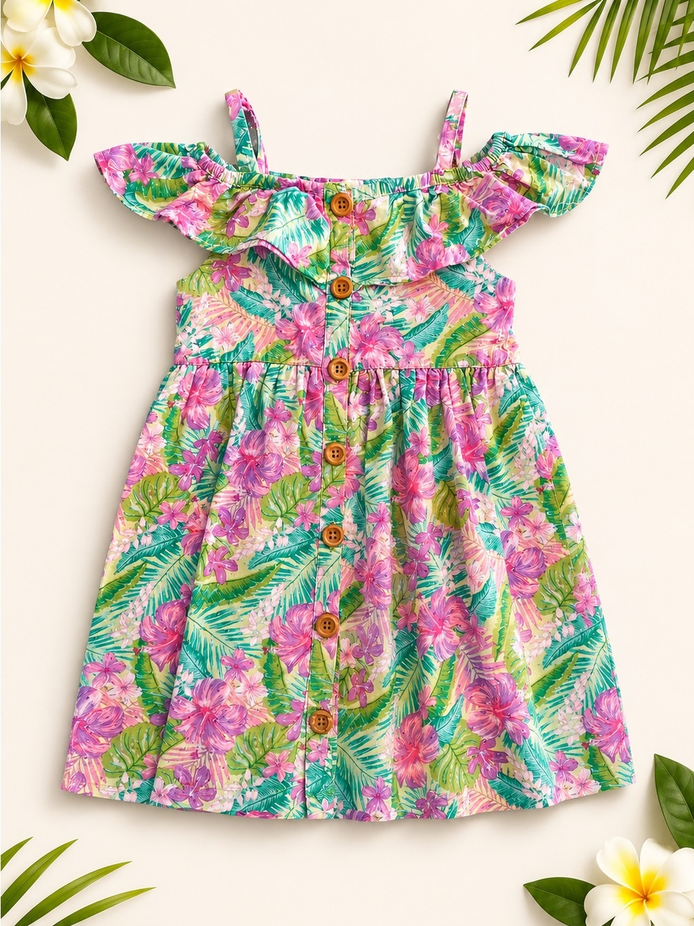 Girls Tropical Floral Off-Shoulder Sundress in Pink & Green
